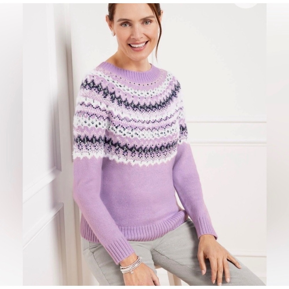 Talbots Embellished Wool Blend Fair Isle Sweater L Purple Holidays Ski Glam NEW